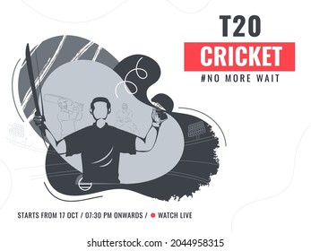 Diseño De Afiches De Cricket T20 Con Un Jugador De Bates Desfactible En Posición Ganadora Sobre El Resumen De Fondo Blanco Y Negro.