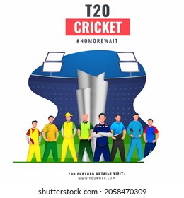 T20 Cricket Poster Design With Faceless Cricketer Player Of Various Countries And 3D Silver Trophy Cup On Abstract Stadium Background.