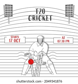 T20 Cricket Poster Design With Line Art Wicket Keeper Hit Ball To Stumps On Stripe Pattern Stadium Background.