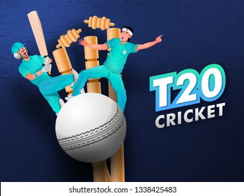 T20 Cricket poster or flyer design with cricket player, wicket and ball on dark blue background.