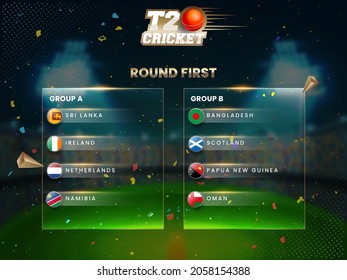 T20 Cricket Round First Group A VS B List On Blurred Confetti Stadium Background.