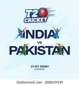 T20 Cricket Show Of Participating Team India VS Pakistan With Players On Blue Halftone Background.