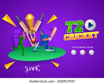 La Transmisión De Cricket T20 Ahora Es Un Concepto Con Jugadores De Cricket Y La Copa De Trofeos De Oro 3D Con Fondo Morado.