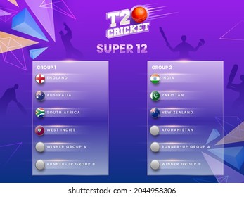 T20 Cricket Super 12 Group First And Second List On Purple Silhouette Players With Geometric Background.