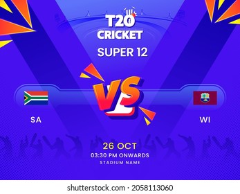 T20 Cricket Super 12 Match Between South Africa VS West Indies On Violet Silhouette Players Background.