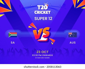 T20 Cricket Super 12 Match Between South Africa VS Australia On Violet Silhouette Players Background.