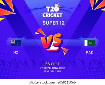 T20 Cricket Super 12 Match Between New Zealand VS Pakistan On Violet Silhouette Players Background.