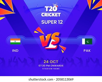 T20 Cricket Super 12 Match Between India VS Pakistan On Violet Silhouette Players Background.