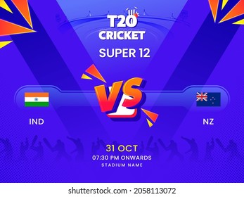 T20 Cricket Super 12 Match Between India VS New Zealand On Violet Silhouette Players Background.