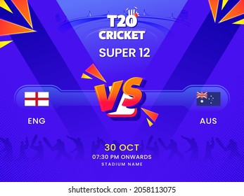 T20 Cricket Super 12 Match Between England VS Australia On Violet Silhouette Players Background.