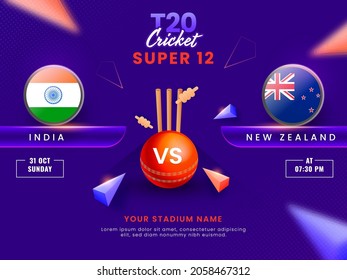 T20 Cricket Super 12 Match Between India VS New Zealand With 3D Red Ball, Wicket Stumps And Triangle Elements On Purple Dots Background.