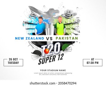 T20 Cricket Super 12 Match Between New Zealand VS Pakistan With 3D Silver Trophy Cup On Brush Stroke Effect Stadium Background.