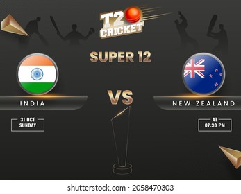 T20 Cricket Super 12 Match Between India VS New Zealand With Line Art Trophy Cup And 3D Golden Triangle Elements On Black Silhouette Players Background.