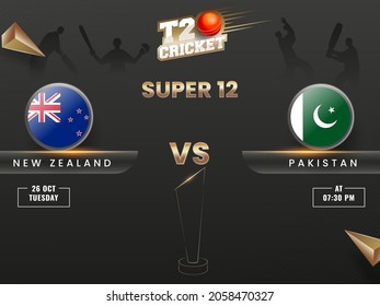 T20 Cricket Super 12 Match Between New Zealand VS Pakistan With Line Art Trophy Cup And 3D Golden Triangle Elements On Black Silhouette Players Background.