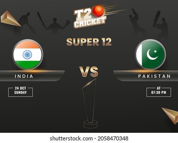 T20 Cricket Super 12 Match Between India VS Pakistan With Line Art Trophy Cup And 3D Golden Triangle Elements On Black Silhouette Players Background.