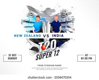 T20 Cricket Super 12 Match Between New Zealand VS India With 3D Silver Trophy Cup On Brush Stroke Effect Stadium Background.