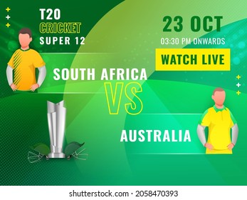 T20 Cricket Super 12 Match Between South Africa VS Australia With Faceless Players And 3D Silver Trophy Cup On Green Dotted Background.