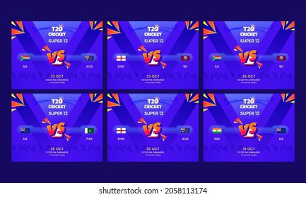 T20 Cricket Super 12 Social Media Post With Participating Countries Team On Violet Abstract Background In Six Options.