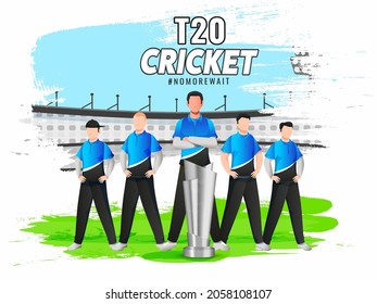 T20 Cricket Team Players Of New Zealand With 3D Silver Trophy Cup And Brush Stroke Effect On White Stadium Background.