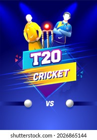 T20 Cricket Template Or Poster Design With Faceless Cricketer Players Of Participate Team On Blue Halftone Background.