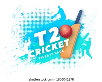 T20 Cricket Text with Realistic Ball, Bat and Silhouette Players on Blue Halftone Brush Stroke Background.