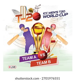 Texto De Críquete T20 Com Bola Realista E Equipe Participante A VS Equipe B Em Fundo Abstrato.
