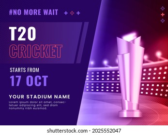 Diseño De Afiches Para El Torneo De Cricket T20 Con El Premio 3D Glossy Trophy En El Antecedentes Del Estadio Y Detalles De La Sede.