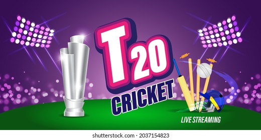 T20 Cricket Trophy, On Purple Background Vector Illustration.