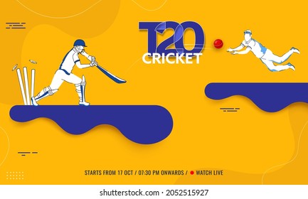 T20 Cricket Watch Live Banner Design With Batsman, Bowler Character In Playing Pose On Yellow Background.