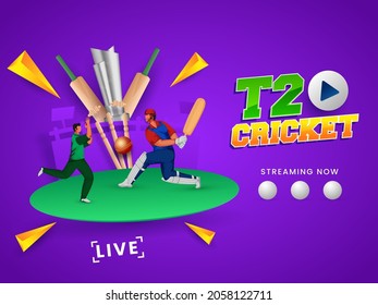T20 Cricket Watch Live Concept With Batsman, Bowler In Playing Pose And 3D Silver Trophy Cup On Purple Background.