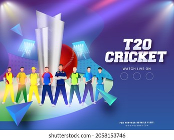 T20 Cricket Watch Live With Faceless Cricketer Players In Different Attire, 3D Red Ball And Silver Trophy Cup On Light Effect Blue Abstract Background.