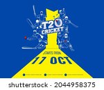 T20 Cricket Watch Live Poster Design With Different Poses Of Cricketer Players On Yellow And Blue Background.