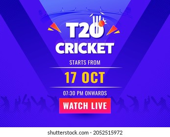 T20 Cricket Watch Live Poster Design With Silhouette Cricketer Players On Violet Background.