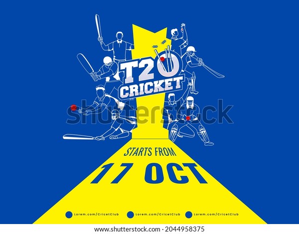 T20 Cricket Watch\
Live Poster Design With Different Poses Of Cricketer Players On\
Yellow And Blue\
Background.