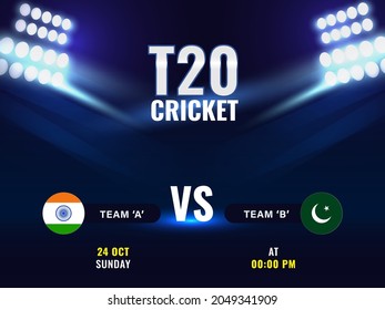 T20 Cricket Watch Live Show Of Participating Teams India VS Pakistan On Blue Stadium Lights Background.