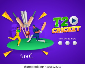 T20 Cricket Watch Live Show Con Batsman, Bowler Jugando A La Copa De Trofeos De Pose Y Plata En 3D Con Fondo Morado.