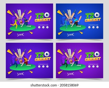 T20 Cricket Watch Live Show Con Batsman, Bowler Jugando A La Copa De Trofeos De Pose Y Plata 3D Con Fondo Azul. Conjunto De Banner O Diseño De Carteles.