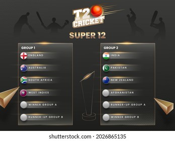 T20 Cricket World Cup Super 12 Group First And Second List On Black Silhouette Player Background.