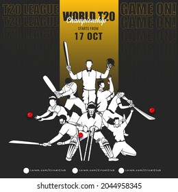 T20 World Championship Concept With Cricket Player Team In Different Position On Black Background.