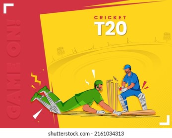 T20 World Cricket Match Game On! Font With Concept Of Run Out Batsman And Wicket Keeper Hitting Ball To Stump On Yellow And Red Playground.