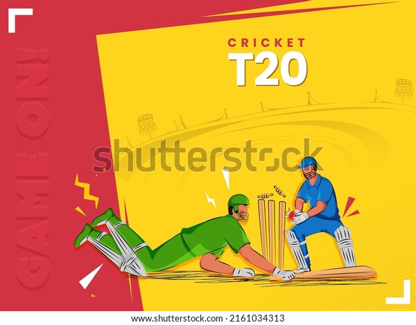 T20 World Cricket Match Game On! Font With\
Concept Of Run Out Batsman And Wicket Keeper Hitting Ball To Stump\
On Yellow And Red\
Playground.