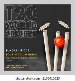 Afiche O Diseño De Plantilla Del Partido Mundial De Cricket T20 Con Una Pelota Roja Realista Que Golpea A La Masa De Wicket Con Fondo Negro.