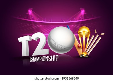 T2o cricket championship league concept with cricket bat, ball, stump and winning cup trophy for poster or banner on pink stadium background