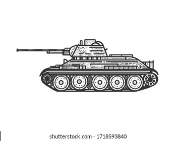 T-34 Dibujo soviético de tanque medio grabado ilustración vectorial. Diseño de impresión de prendas de pantalones en T. La imitación de la tabla de raquetas. Imagen dibujada a mano en blanco y negro.