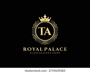 Ta modelo de logotipo de ouro luxuoso inicial. Identidade real da marca do palácio. Design de emblema heráldico e símbolo de moda