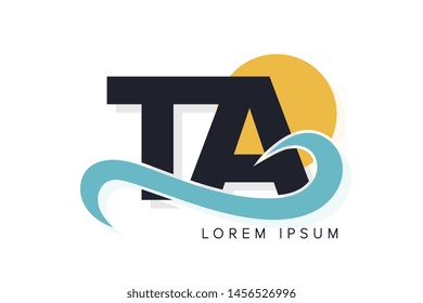 TA letter logo with ocean waves and sunset. Beach concept design