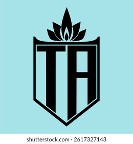 TA Logo featuring a minimalist design with a crown-like flower symbol on top, bold black elements, and a soft blue background, perfect for branding and modern visual identity.