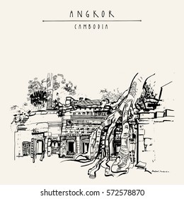Ta Prohm temple in Angkor archeological site, Cambodia, Asia. Travel sketch. Vintage handdrawn touristic postcard, poster, book illustration  in vector