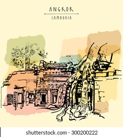 Ta Prohm temple at Angkor, Siem Reap Province, Cambodia. Travel tourism poster postcard template with hand drawing and "Angkor Cambodia" hand lettering. Grungy vector freehand line art in retro style