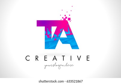 TA T A Letter Logo with Broken Shattered Blue Pink Triangles Texture Design Vector Illustration.